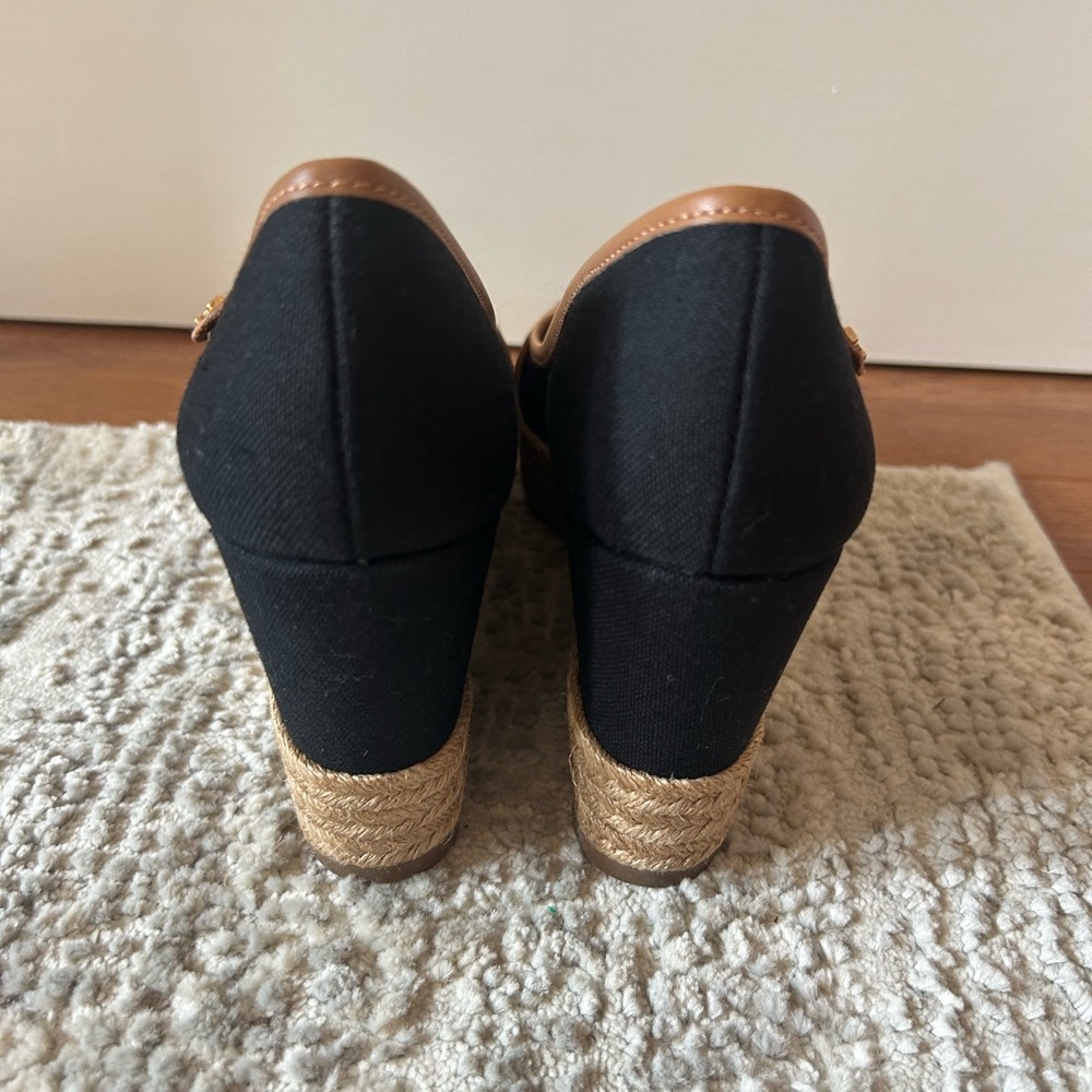 Tory Burch Black Canvas Wedge Espadrilles with Tan Trim - Picture 3 of 7
